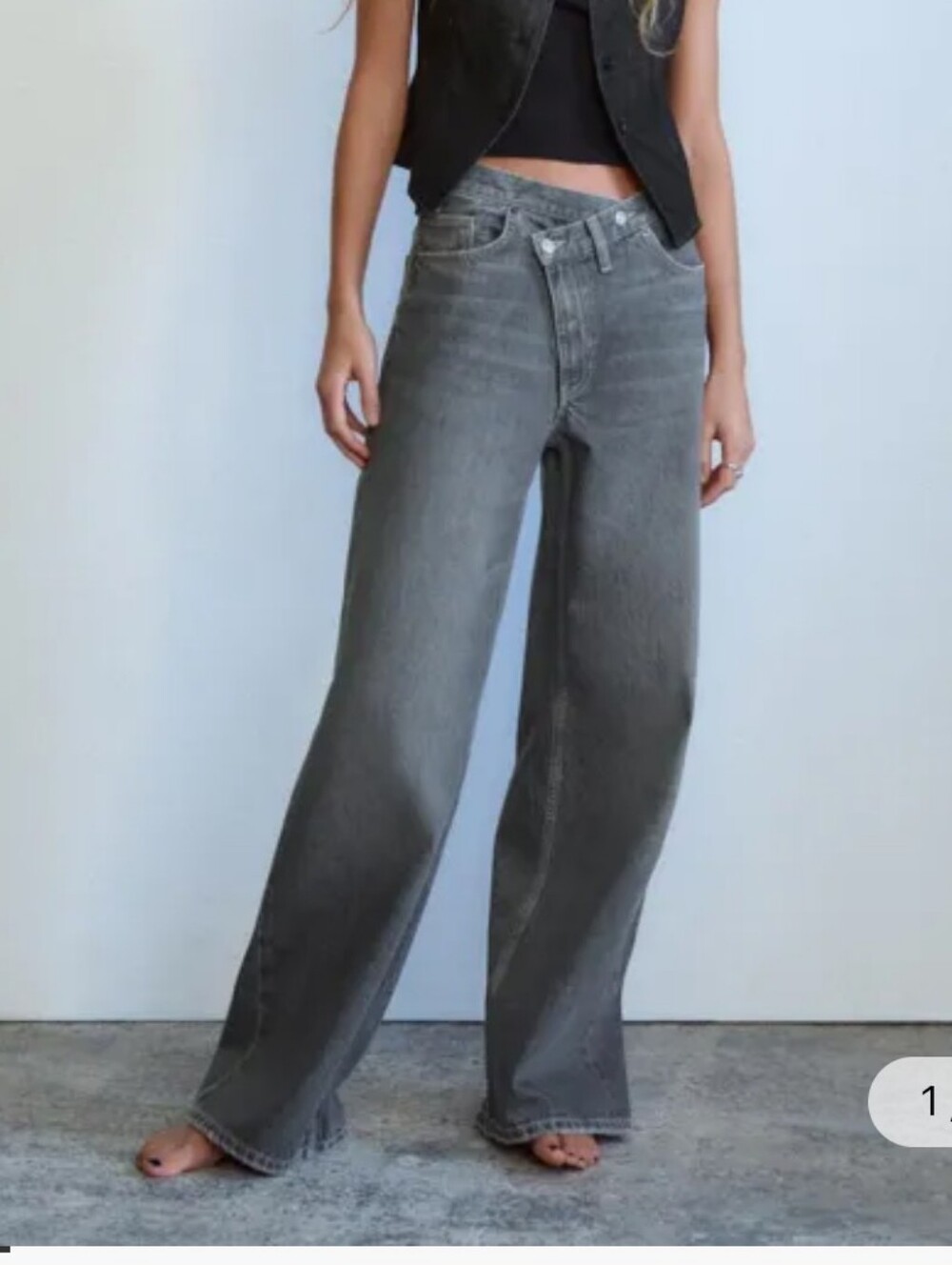 Zara Women's Jeans Washed Black Size 40 Criss Cross Waist Band Wide Leg